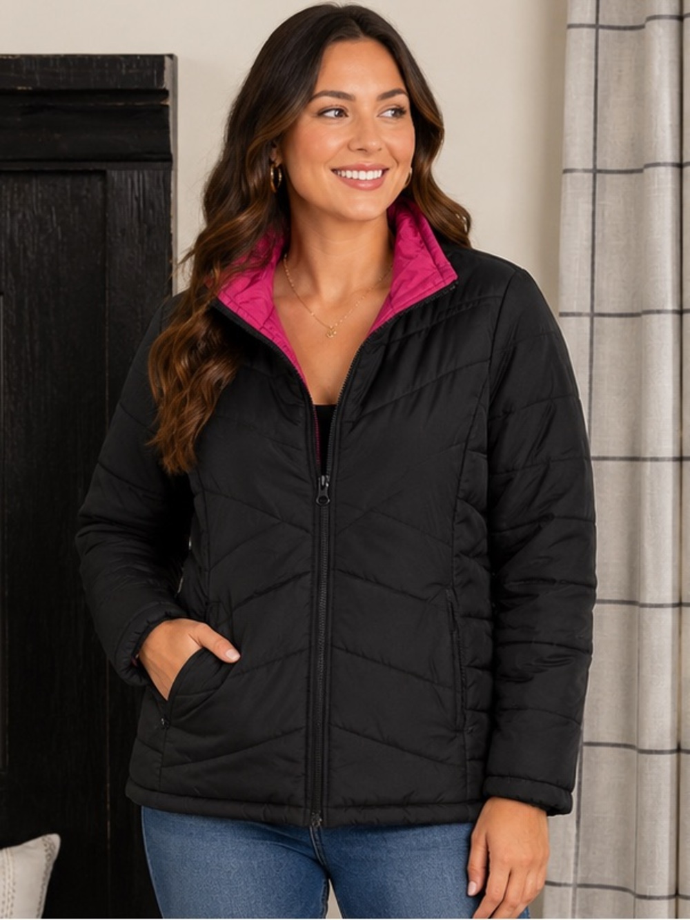 Large Faded Glory Black Puffer Jacket with Pink Lining